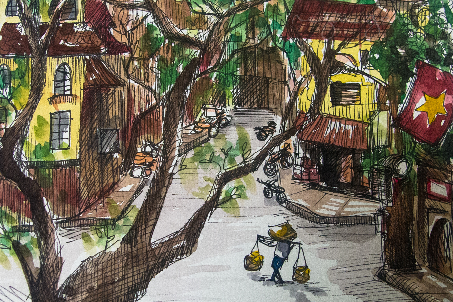 Watercolor and Ink rendering from Hanoi Old Quarter rapid sketching.